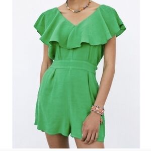 Zara, linen blend green shorts romper, size S